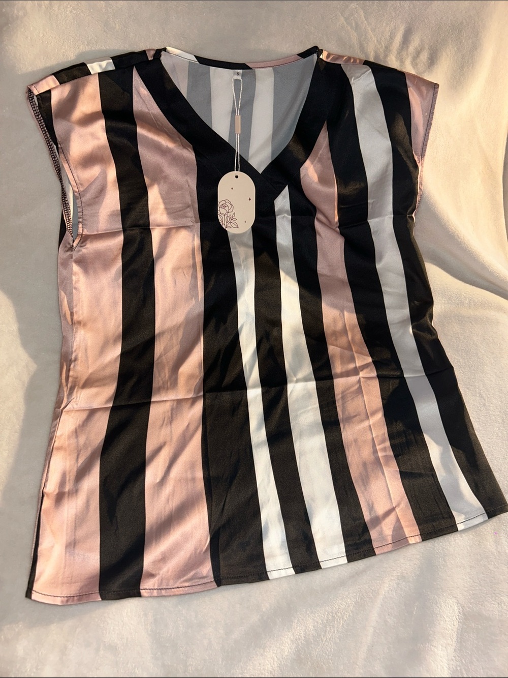 Source Unknown Striped V-Neck Blouse in Black, White & Pink